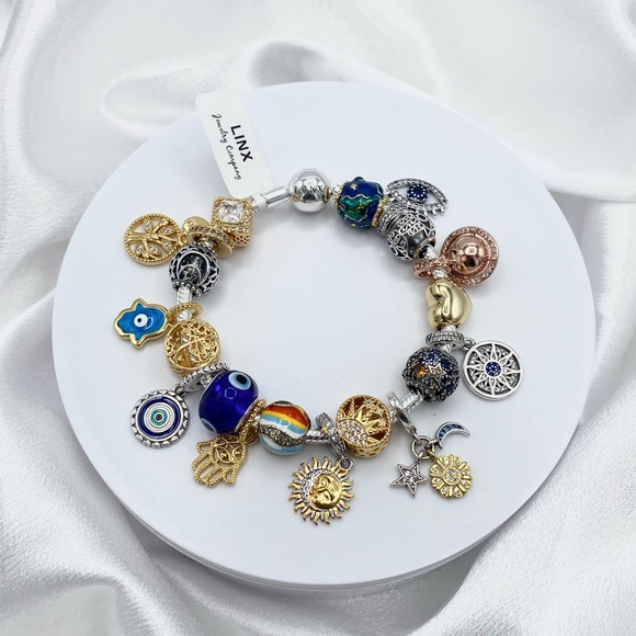 Linx Silver Snake Chain Bracelet with Hamsa Hand and Evil Eye Themed Charms